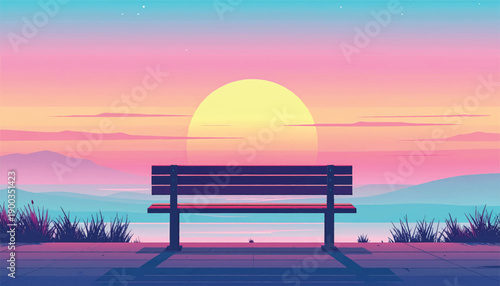 Sun over horizon bench scene for inspirational branding. Peaceful waterside landscape vector with glowing sun. Calm sunrise illustration for emotional storytelling