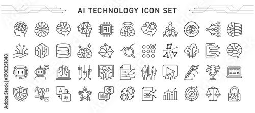 AIテクノロジーの線画アイコンセット｜人工知能・機械学習・生成AI・ビジネス
