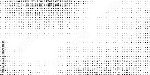 Art grunge halftone gradient background. Faded grit noise texture. White and black sand wallpaper. Retro pixelated backdrop art