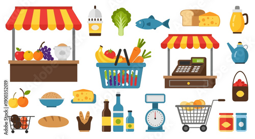 Assortment of Fresh Grocery Products, Market Stalls, and Shopping Essentials
