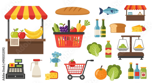 Flat Design Illustration of Various Grocery Products and Market Elements
