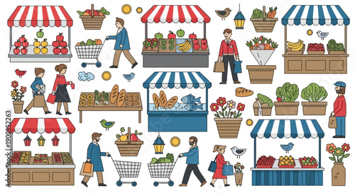 Colorful Illustration of an Outdoor Farmers Market with People Shopping