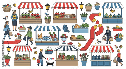 Vibrant Market Scene Illustration Featuring Stalls, Fresh Produce, and Shoppers