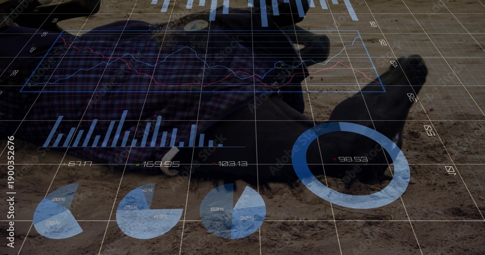 Naklejka premium Lying person wearing dark jacket, plaid shirt, boots on sandy ground, displaying translucent graphs
