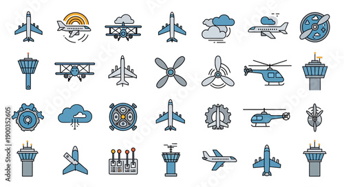Set of Aviation Icons Featuring Aircraft, Control Towers, and Flight Elements