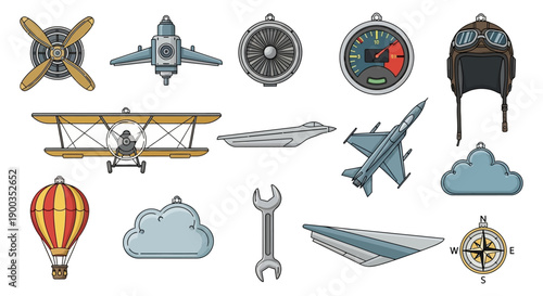 Flat Design Vector Collection of Aviation and Flight Elements