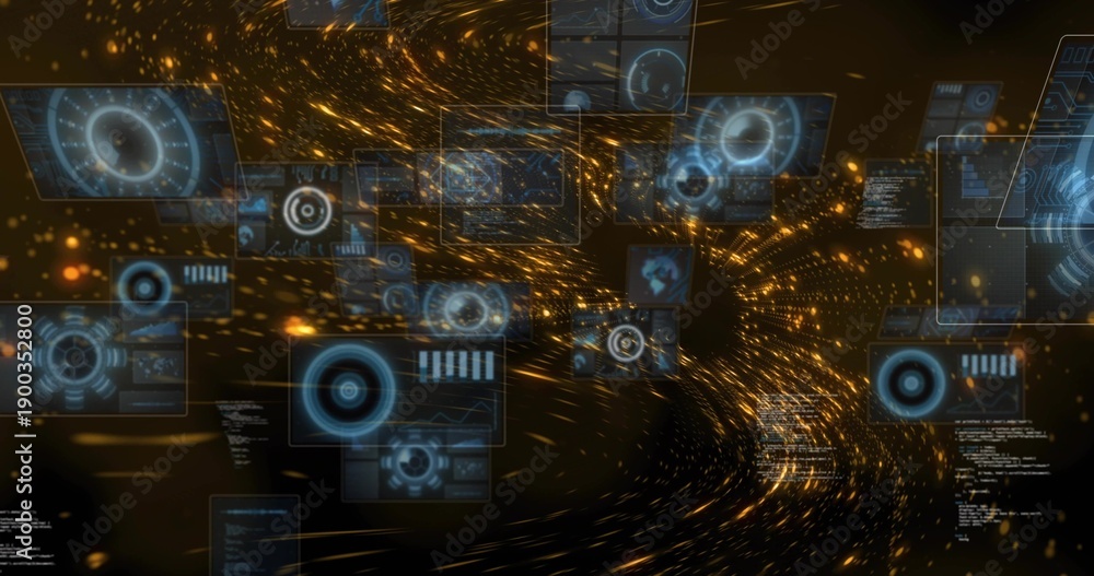 Fototapeta premium Swirling golden particle vortex and hologram panels drawing user into data tunnel, with gauges