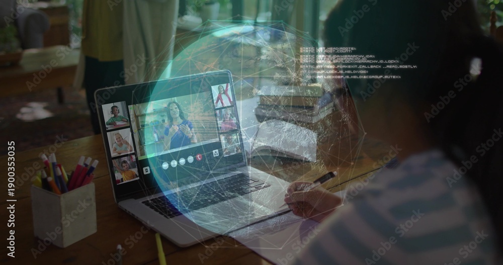 © vectorfusionart - Writing girl in striped top noting in notebook at home, laptop holo globe overlay, copy space