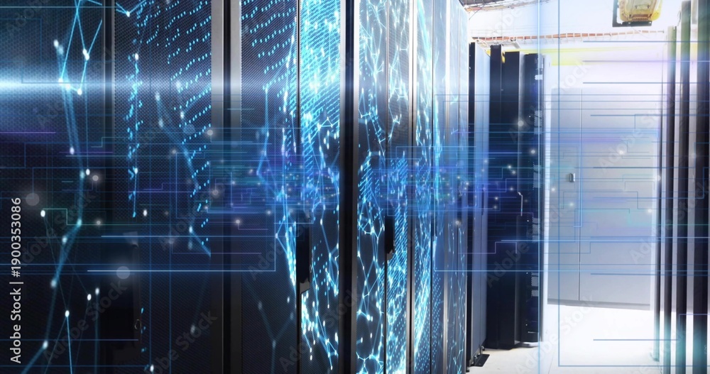 Naklejka premium Displaying row of rack-mounted servers showing glowing blue LED network overlay in datacenter aisle