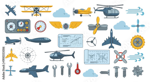 Collection of Aviation Elements and Icons Aircraft, Tools, and Blueprints