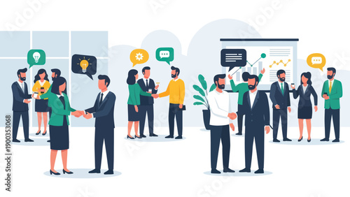 Business people shaking hands and discussing ideas in a modern office setting.