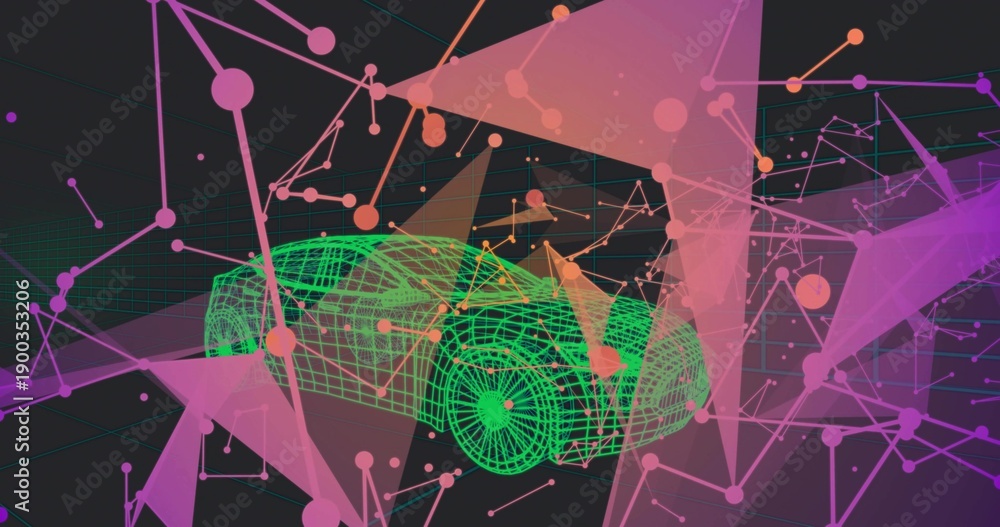 Obraz premium Rotating neon-green 3D wireframe car hovering in virtual 3D space with pink panels node links grid
