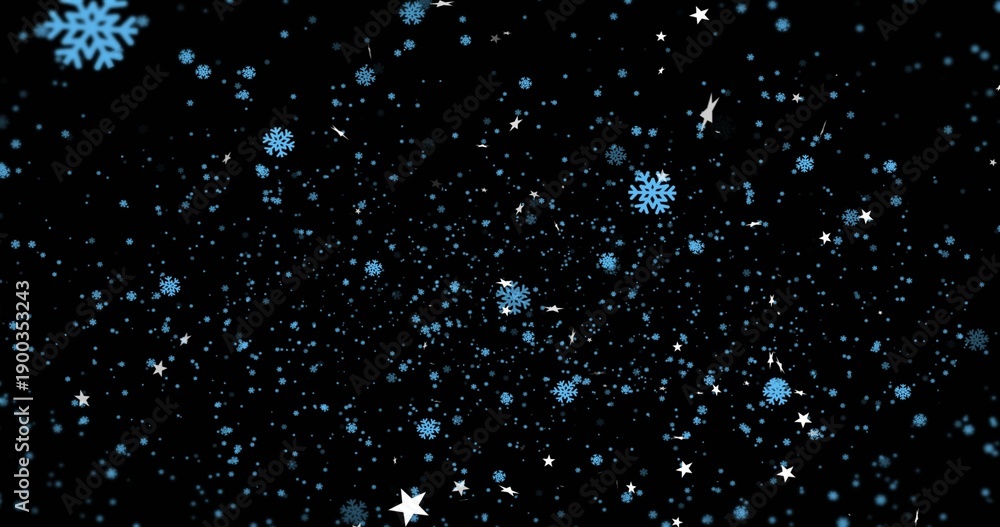 Fototapeta premium Displaying dense field of blue snowflakes, small blue dots, white stars on black digital wallpaper