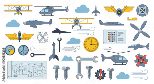 Aircraft and Flight Related Icons, Tools, and Technical Drawings Set
