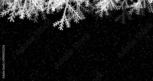 Framing overhanging stylized fir branches forming decorative top border at night, with falling snow