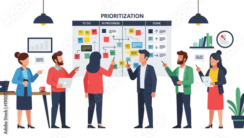 Business Team Prioritizing Tasks on a Whiteboard in an Office Setting.