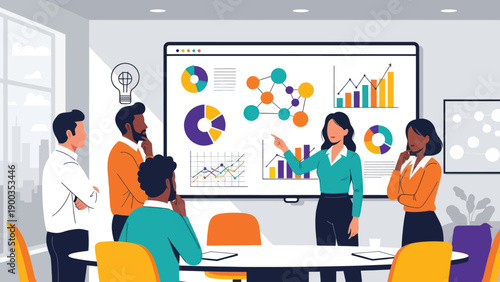 Businesswoman presenting data analysis to diverse team in meeting.
