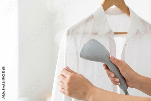 A woman's hands use a handheld garment steamer to remove wrinkles from a white shirt hanging on a hanger.