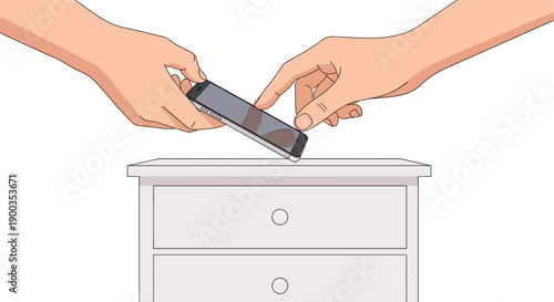 Hands Exchanging Mobile Phone Over Nightstand.