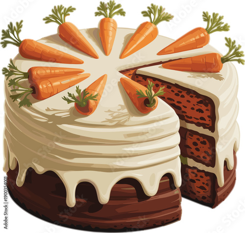 Carrot Cake Vector Illustration with Cream Cheese Frosting and Carrot Topping in Detailed Flat Style for Bakery Dessert Menu and Food Branding Design