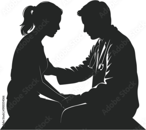 Doctor Consulting Patient Silhouette Vector Illustration Showing Medical Examination Care and Support Scene in Black for Healthcare Clinic and Hospital Design