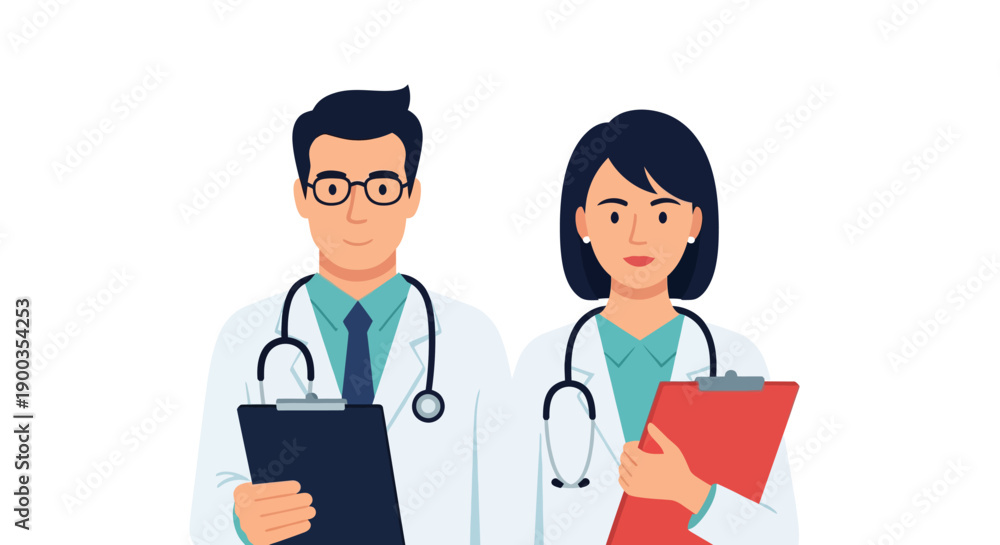Fototapeta premium Professional Doctor Team Illustration. Male and female physicians in lab coats holding clipboards, isolated vector on white background.