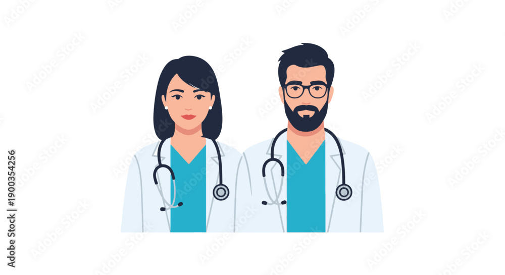 Fototapeta premium Professional Male and Female Doctors Portrait. Healthcare Team Avatars, Physicians in Lab Coats with Stethoscopes, Modern Vector Illustration.