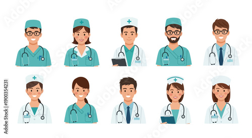 Set of 10 diverse cartoon doctor and nurse avatars. Friendly medical professional icons for profiles and user interfaces.