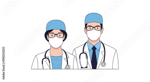 Frontline Healthcare Workers Team Illustration. Male and Female Doctors/Surgeons in Medical Masks, Lab Coats, and Protective Caps. Vector Art.