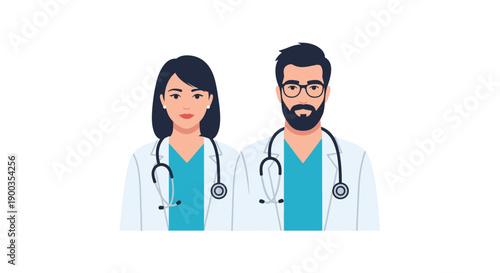 Professional Male and Female Doctors Portrait. Healthcare Team Avatars, Physicians in Lab Coats with Stethoscopes, Modern Vector Illustration.