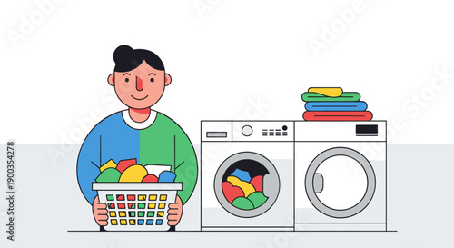Man holding laundry basket with clothes.