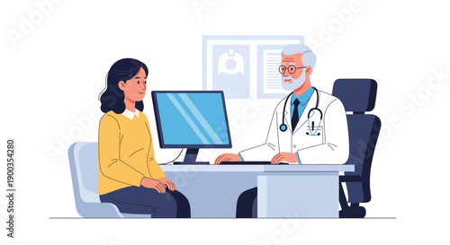 Senior Doctor Consulting Female Patient in Clinic Office. Healthcare Professional and Patient Medical Interview Illustration.