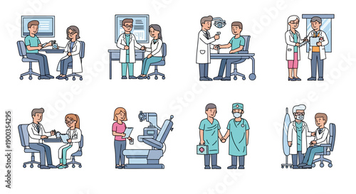 Doctor and Patient Healthcare Set: Medical Consultation, Examination, and Hospital Staff Vignettes. Outline Line Art Illustration Collection.
