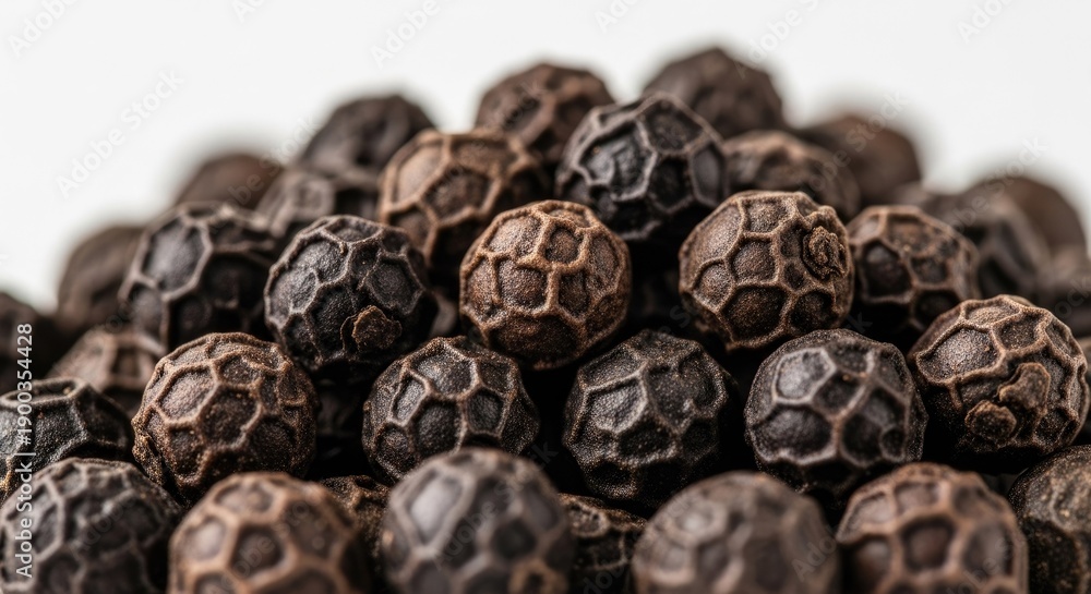 Obraz premium Close up of black peppercorns isolated against a white background for culinary use