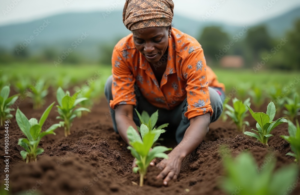 Fototapeta premium Woman farmer plants small green sprouts in dark soil row. Rural worker cultivates crops outdoors on sunny day. Green plants grow in field. Young seedlings in cultivated earth.