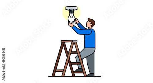 Man Installing Light Fixture on Ladder.