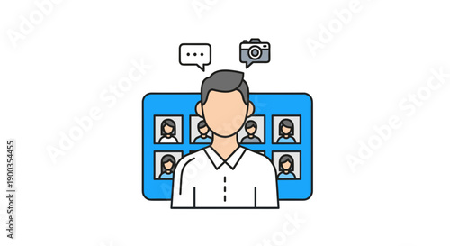 Man in video conference call illustration.