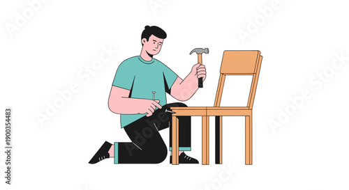 Man Kneeling and Repairing a Wooden Chair.
