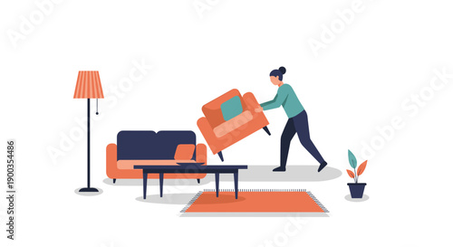 Man Lifting Orange Sofa in Living Room.