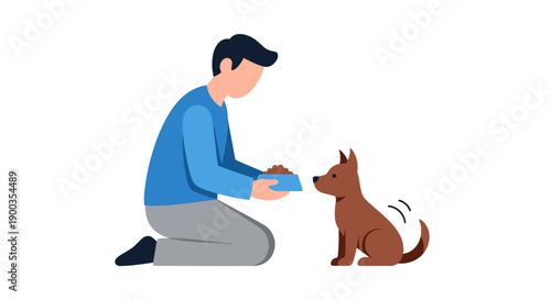Man Kneeling and Feeding a Dog.