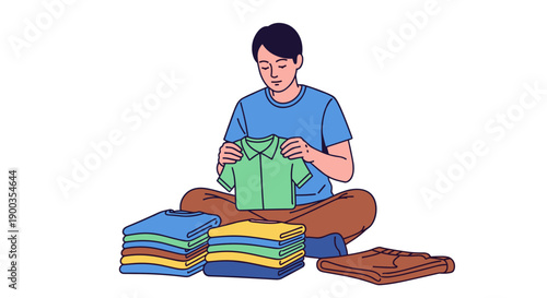 Man Organizing Clothes in Folded Stacks.