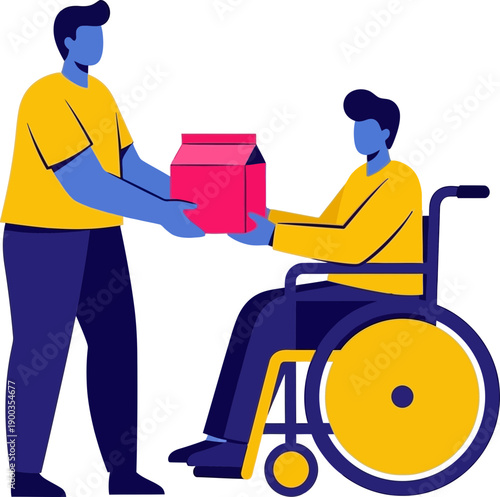 Man assisting person in wheelchair with delivery box