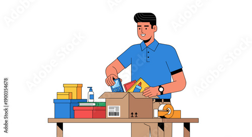 Man Packing Boxes with Various Items Inside.