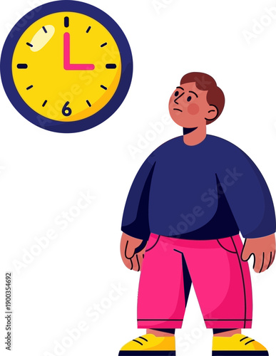 Man in casual clothes looking at clock with concern