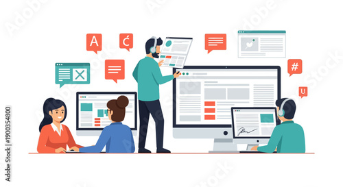 Content Localization and SEO Team Working on Digital Marketing, Website Optimization, Translation, and Global Strategy