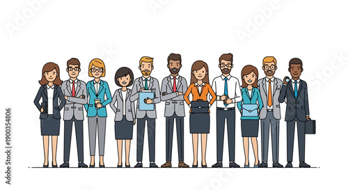 Diverse Corporate Business Team Line Art Vector Illustration. Happy Professional Staff Group Standing.