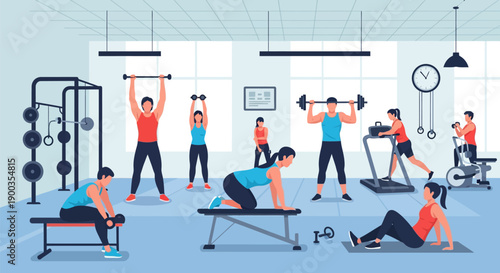 Diverse Group Working Out in a Modern Gym. Vector Illustration of People Training with Weights, Barbell, and Treadmill for Fitness and Health.