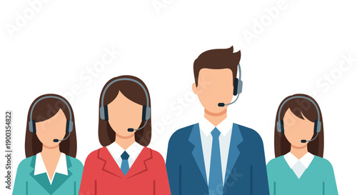 Professional Customer Support Team Avatars: Call Center Agents with Headsets. Help Desk Staff Illustration.
