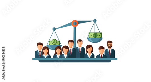 Economic Inequality and Salary Gap: Business People Standing Under Tipping Balance Scale with Unfair Money Distribution Concept