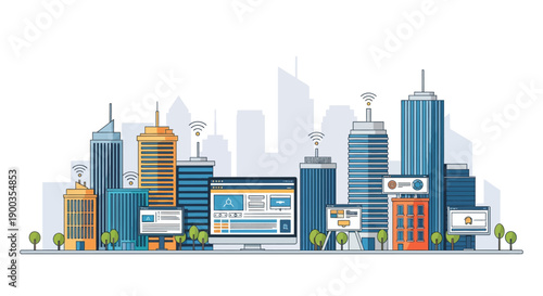 Smart City Technology Vector Illustration. Connected Urban Skyline with Wi-Fi Network, Digital Dashboard, and Modern Skyscrapers.